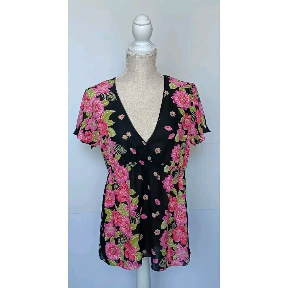 Oscar de la Renta Pink Label Size M Black Pink Floral Blouse w/Flutter Sleeve